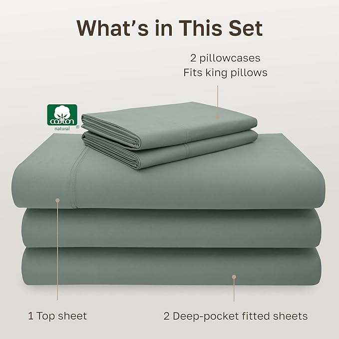 California Design Den Split King Sheet Set - 100% Cotton, 600 Thread Count, Breathable Luxury King Size Sheets for Adjustable Bed, Luxury Hotel-Quality Sheets, Soft Sateen (Sage Green - Cool Tone)