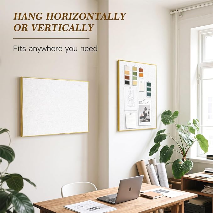 Linen Bulletin Board 36" x 24", White Fabric Pin Board with Gold Aluminum Frame, Decorative Vision Board for Home Office, Bedroom & Dorm Wall Decor, Includes 10 Push Pins