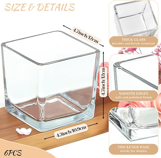 CONNOO 6 Pack Square Glass Vase 5" x 5" x 5", Clear Bulk Flower Vases for Centerpieces, Square Glass Cube Vase Floating Candle Holders for Wedding Party Home Decor