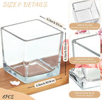 CONNOO 6 Pack Square Glass Vase 5" x 5" x 5", Clear Bulk Flower Vases for Centerpieces, Square Glass Cube Vase Floating Candle Holders for Wedding Party Home Decor