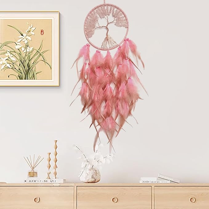 Pink Dream Catcher Wall Decor Crystal Tree of Life Dream Catchers Handmade Feather Dreamcatcher Wall Hanging Ornament for Bedroom Living Room Home Decor