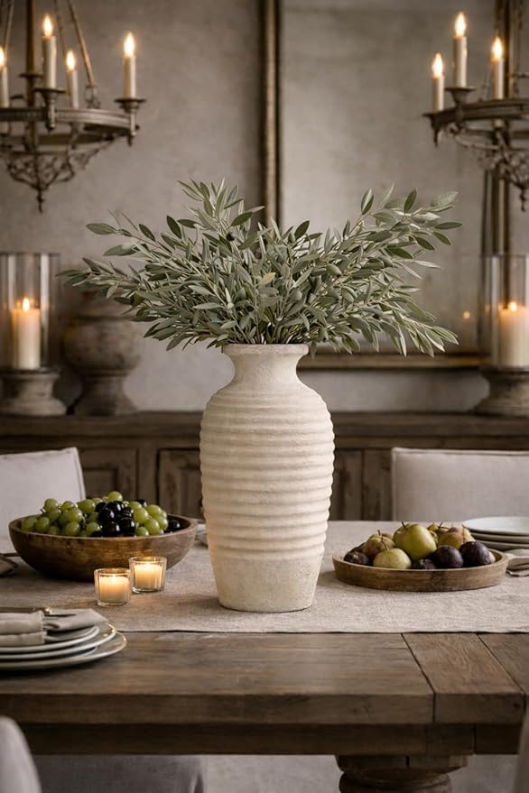 Ceramic Natural Rustic Vase, 14.4 Inch Large Vintage Flower Threaded Decorative Farmhouse Tall Vase for Home Decor, Living Room, Shelf Decor, Wedding, Housewarming Gift, Off-White