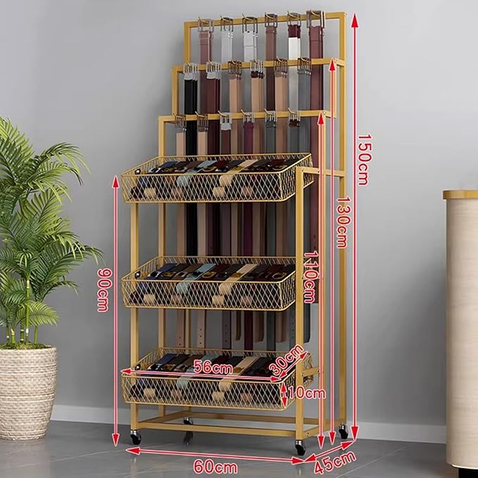 Heavy Duty Belt Display Stand, Metal Belt Rack with 360° Rolling Wheels, Multi-Functional Accessory Display for Belts/Scarves/Wallets, Retail Belt Organizer for Store/Closet/Boutique