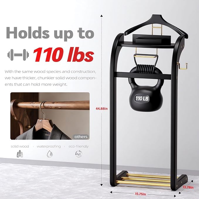 Suit Valet Stand for Men, Wood Mens Valet Stand with Base, Contour Hanger, Tray, Trouser Bar and Tie Bar, Clothes Valet Stand for Bedroom Entryway Home Living Room Office (Black)