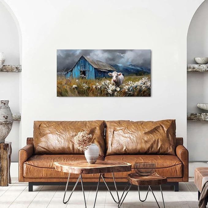 Farmhouse Barn Wall Art Cow Pictures Wall Decor Rustic Blue Barn Landscape Kitchen Wall Decor Country Wildflower Meadow Field Canvas Prints Artwork for Living Room Dining Room Home Decoration 20x40"
