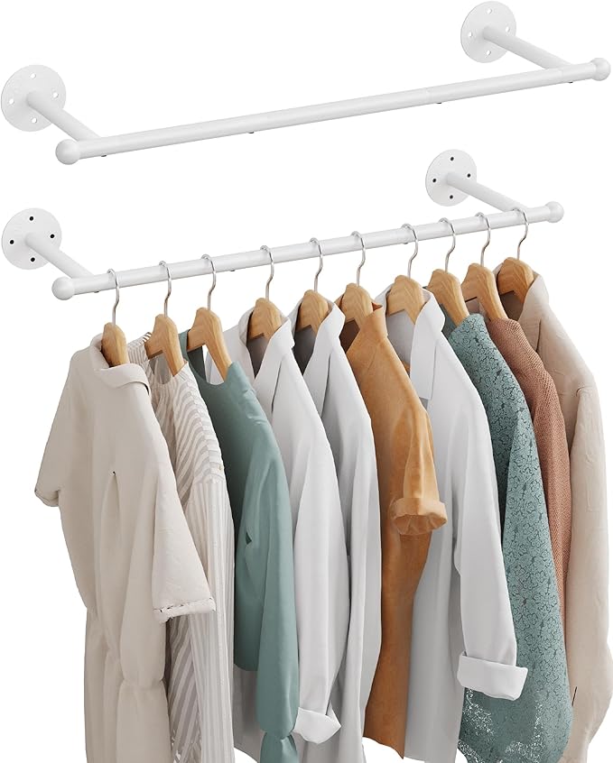 OROPY Industrial Pipe Clothing Rack Set of 2, Wall Mounted Clothes Rack, Closet Rods For Hanging Clothes, 33" Multi-purpose Hanging Rod for Laundry Room, Bedroom and Closet Storage, White