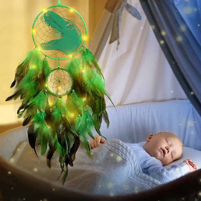 LOMOHOO Dinosaur Dream Catcher for Kids, Feather Dream Catchers with LED Light, Handmade Home Decor Wall Hanging with Double Ring for Nursery Boy Bedroom Birthday Gift