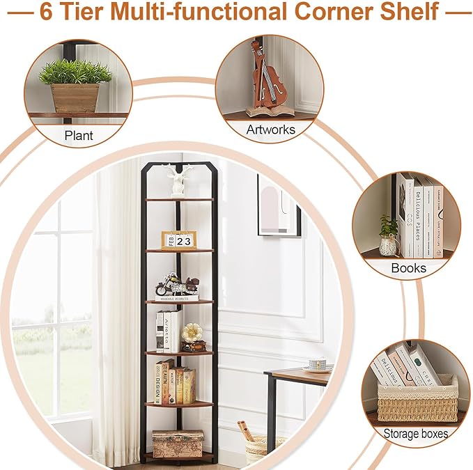 MNEETRUNG 71" Corner Shelf,6 Tier Industrial Corner Bookshelf, Freestanding Shelf Stand for Small Space,Home Office,Living Room,Bedroom,Brown