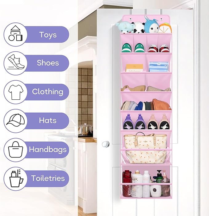 MISSLO Clear Over the Door Shoe Organizer Large Deep Pockets Hanging Shoe Rack for Closet Fit 20 Pairs Shoe Holder for Sneakers Boots Storage, Pink