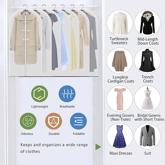 12-Pack 48-Inch Clear Garment Bags with Full Zipper - Dustproof Hanging Storage for Closets, Travel, and Seasonal Clothing Protection
