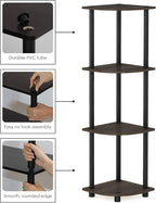 Furinno TURN-N-TUBE Corner Shelf, 4-Tier Corner Bookshelf, Display Storage Shelves with Open Shelves, for Organization and Storage, Living Room, Home Office, Garage, Dark Brown Grain