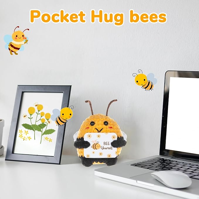 WenmthG „Be Yourself“ Emotional Gifts - Funny Positive Crochet Honeybee, Handmade Doll Support Animals Gifts for Women Men Friends Coworkers