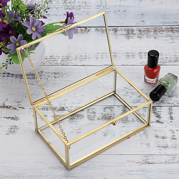 Hipiwe Vintage Glass Keepsake Box, Rectangle Jewelry Display Organize Vanity Lidded Box Home Decor Accent Decorative Box for Storage Trinket Rings Bracelet