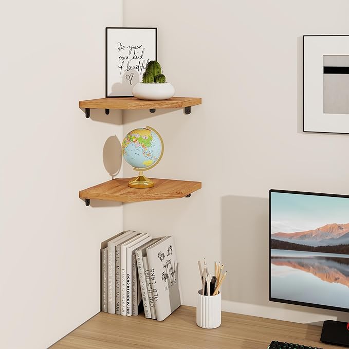 Fun Memories Corner Shelf Wall Mount Set of 2 - Solid Oak Wood Floating Corner Shelf with Cable Hole, 8.5in Rustic Design for Bedroom, Living Room, Kitchen (Natural)