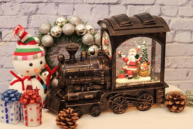 Christmas Musical Snow Globe Lantern Battery Operated with 6 Hour Timer, Santa Lighted Snow Globe Train Spinning Water Swirling Glitter Christmas Decoration Gifts(10.6 x 4.3 x 8.3 Inches)