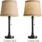 Oneach 19.5" Black Table Lamp Set of 2, Small Bedside Table Lamps with Unique Natural Shade, Pull Chain Switch, USB A+C Charging Ports, Rustic Nightstand Lamps for Living Room, Bedroom, Nursery