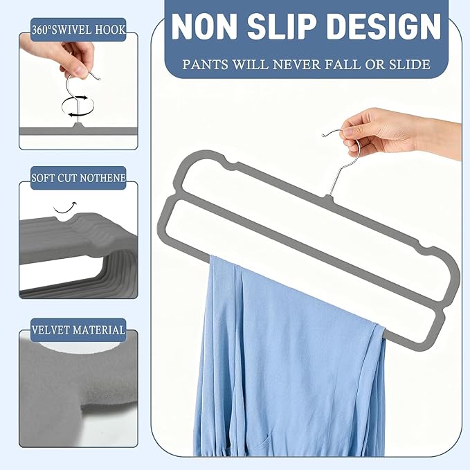 VSV stoage Velvet Pants Hangers with Double Non Slip Bar - Multiple Velvet Hangers for Closet - Thin Space Saving Clothes Hanger - 360° Swivel Felt Trouser Hanger Perchas Terciopelo 10 Pack (Grey)