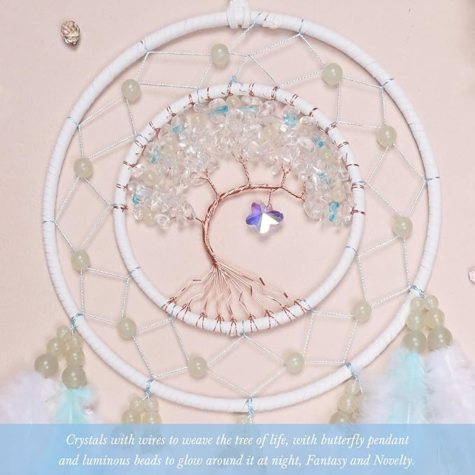 Pretty Jolly White Tree of Life Dream Catcher Wall Decor with Luminous Beads Handmade Crystal Stones Dreamcatchers Wall Hanging with Small Butterfly Pendant for Bedroom Wedding Party Wish Gift