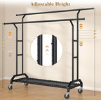 Heavy Duty Clothes Rack Double Clothing Rack 450lbs Capacity 3" Industrial Wheels 51"-71" L X 19.7" D X 73"-79" H Stury Rolling Clothes Rack Adjustable Rolling Garment Rack Black