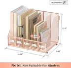SUPEASY Desk Organizers Metal Desk Magazine File Holder with 5 Vertical Compartments Rack File Organizer for Office Desktop, Home Workspace, Rose Gold
