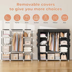 VTRIN Portable Closet Wardrobe for Hanging Clothes 57.3 Inch Large Capacity Clothes Rack with Cover, 10 Storage Organizer Shelves, 1 Hanging Rods and 6 Pockets, Free Standing Closet for Bedroom, Black