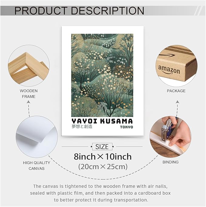 Yayoi Kusama Inspired Poster Japanese Botanical Wall Art Abstract Yayoi Kusama Print Modern Ukiyo-e Japanese Gallery Wall Decor 8x10in Framed for Home Bedroom Decorations