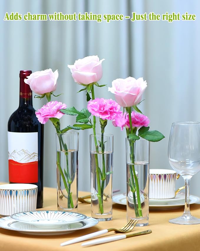 Glass Cylinder Bud Vases for Centerpieces – Set of 16 Handmade Clear Small Flower Vase 7.48 Inches Tall,Wedding Table Decor for Single Rose Vases Bulk,Small Vases Home Decor,Floreros,1 Brush