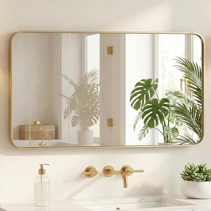 Sweetcrispy Bathroom Wall Mirror, 48x30 Inch Wall Mount Mirror for Over Sink, Modern Rounded Rectangle Vanity Mirrors with Matte Metal Framed, for Home Decor, Living Room, Bedroom, Gold