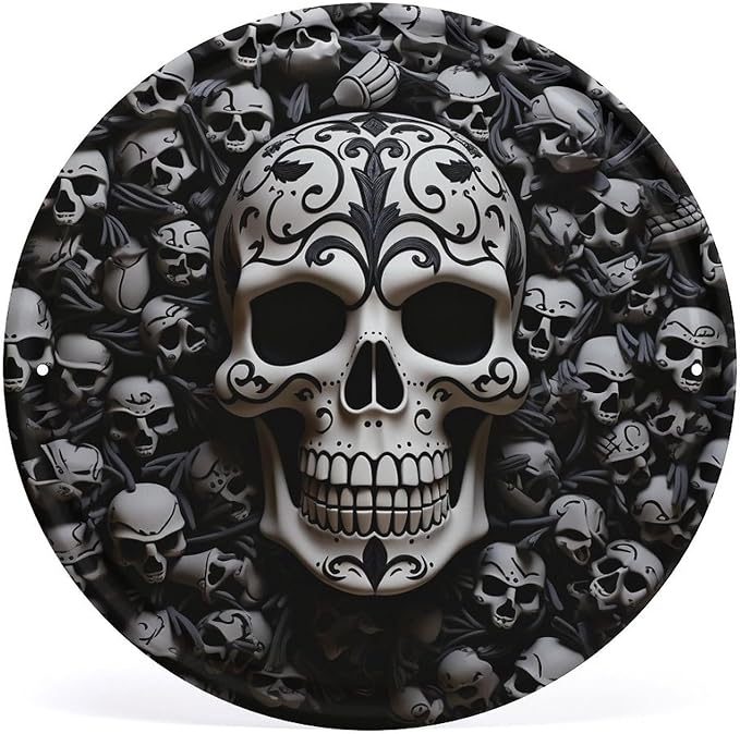 Wall Picture, with Black and White Skulls Printed Circular Iron Hanging Picture,Wall Art Decor,Home for Bedroom Living Room Bathroom Decor,Iron Painting 11.8X11.8 in