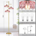 QIYIZM Pink Floor Lamp for Living Room,Bedroom,Gold Mid Century Modern Standing Lamp Brass Tree 3 Light Tall Floor Lamps Vintage Retro Floor Lights Glass Flower Lamp Shade Farmhouse Boho Bohemian