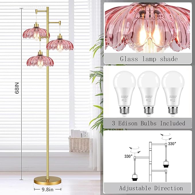 QIYIZM Pink Floor Lamp for Living Room,Bedroom,Gold Mid Century Modern Standing Lamp Brass Tree 3 Light Tall Floor Lamps Vintage Retro Floor Lights Glass Flower Lamp Shade Farmhouse Boho Bohemian