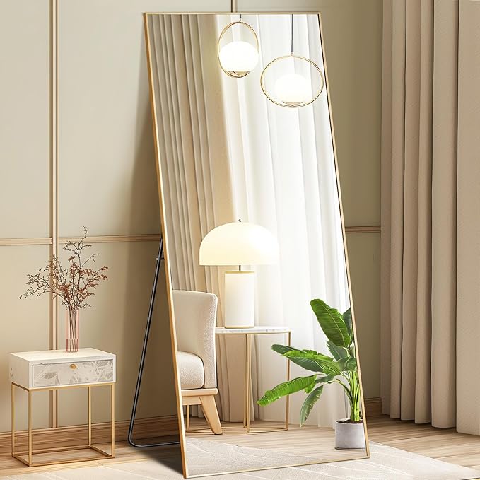DUMOS 65"x24" Full Length Mirror, Full Body Mirror with Aluminum Alloy Thin Frame, Standing Mirrors with Leaning or Hanging, Suitable for Bedroom, Livingroom, Cloakroom, Gold