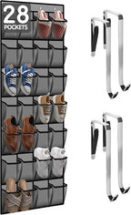 28 Compartment Over the Door Shoe Organizer, Breathable Mesh Large Shoe Rack for Closet Storage, Space Saving Hanging Shoe Holder with Reinforced Hooks (Fits Men & Women,Gray-01)