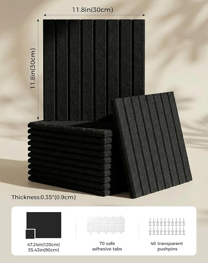 Aothia 12-Pack Felt Bulletin Board Tiles 48"x36", Modular Pin Board for Smooth Walls, Cork Board Alternative for Notes & Photos, 0.35" Thick, 70 Adhesive Tabs & 40 Pins, Black