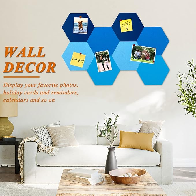 8Pcs Hexagon Felt Cork Board Tiles, Self Adhesive DIY Bulletin Board Pin Board for Office School Home Wall Decor Stickers Memos Photos Display (Gradual Blue)