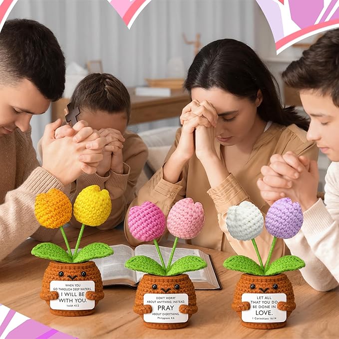 Wavwavw 6 Pcs Christian Gift for Women Inspirational Religious Gifts Positive Faith Scripture Crochet Handmade Bible Verse Crochet Doll with Prayer Card for Vbs Church(Tulip)