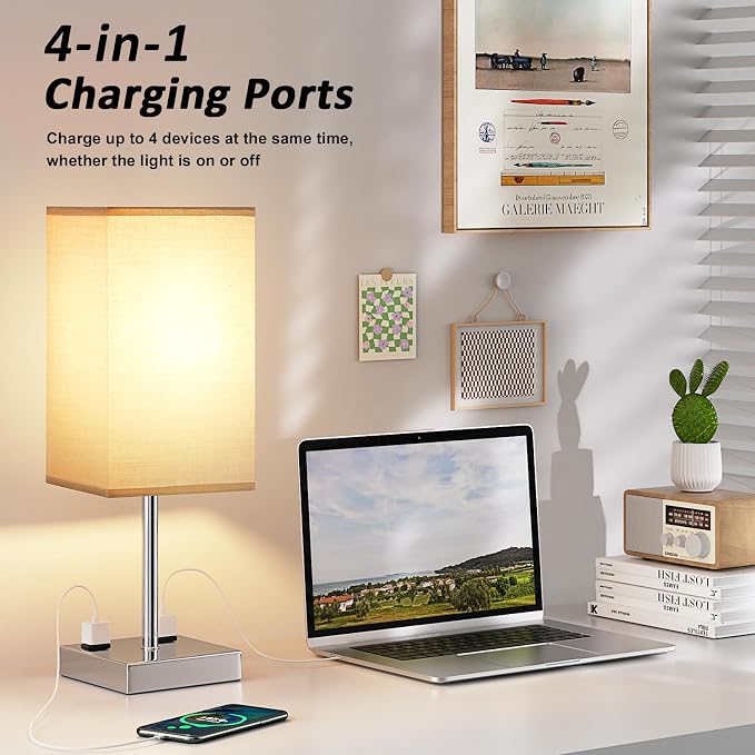 Touch Bedside Table Lamp For Nightstand - 3-Way Dimmable Night Lamp with USB A + Type C Charging Ports and two AC Outlets, Small Desk Light with E26 LED Bulb for Bedroom Living Room, GREY PLUS