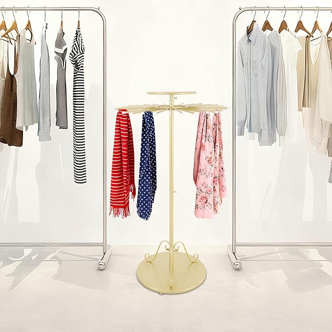 Scarf Display Stand 30-Arm Scarf Holder Organizer Freestanding Scarf Hanger 360° Rotating Rack for Home and Clothing Store (Gold, 30 Rods)