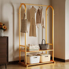 Gold clothing rack with bottom Storage shelves and 6 side hooks,Sturdy metal clothes rack for Hanging Clothes,Modern garment rack Wardrobe Rack for Bedroom or Boutique