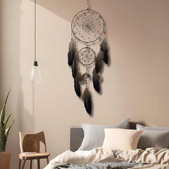 Dream Catchers for Adults with Luminous Beads Dream Catcher with 7 Chakra Handmade Wall Decor with Native Feather Hanging Ornament for Bedroom Brown