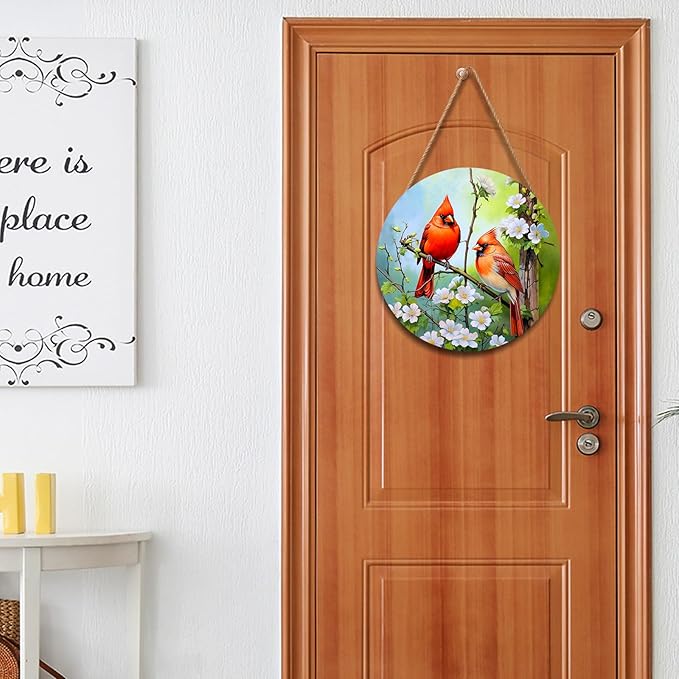 Harooni Spring Summer Cardinal Welcome Door Sign for Front Door Decor,Spring Pink Floral Round Wood Hanger Wreath for Outside Farmhouse Wooden Wreath for Porch Wall Hanging Sign Plaque Decor 12"x12"
