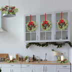 8 Pcs 9 Inch Christmas Artificial Wreaths for Kitchen Cabinet Norfolk Pine Garland with Red Berries Pinecones Wreaths Swags Snowy Pine Candle Rings Holder for Christmas Decorations Table Centerpiece