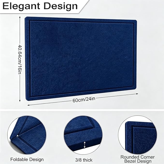 Cork Board Alternative, Decorative Foldable Felt Bulletin Board 24 * 16 Inches, Alternative Photo Board Self-Adhesive Vision Board, Decorative Pin Board (Rectangle Dark Blue)