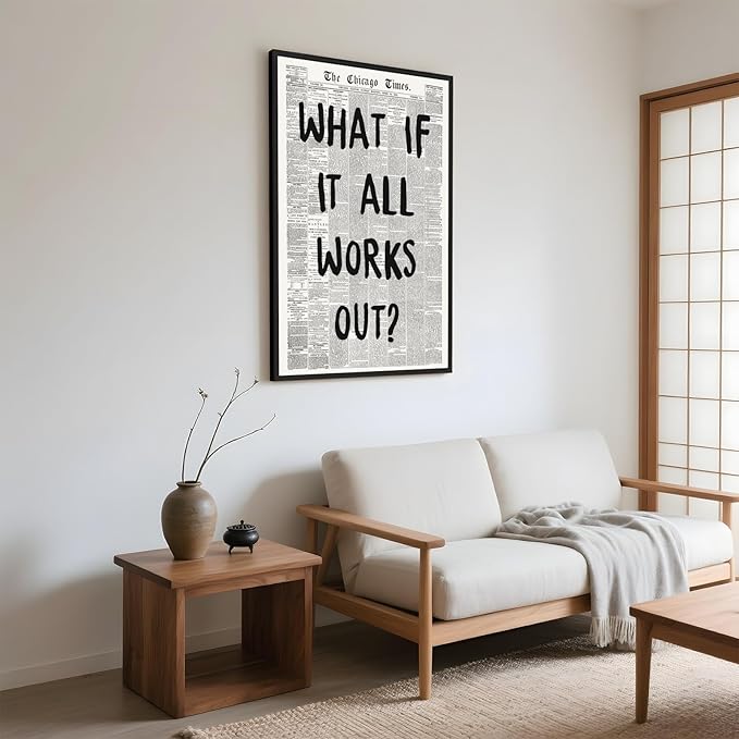 Framed What If It All Works Out Wall Art Black and White Retro Newspaper Poster Positive Motivational Canvas Print Painting Inspirational Quote Picture Wall Decor for Office Home Bedroom 12x16inch