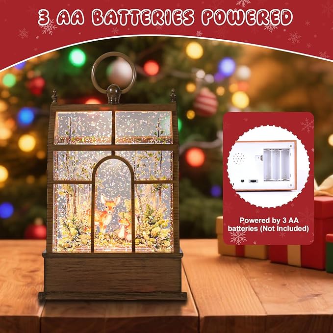 Christmas Snow Globe Lantern Greenhouse Water Glittering Globe with Little Lawn 6H Timer Function Christmas Snow Globes 3 AA Battery Operated for Christmas Festival Decorations Gifts (Greenhouse)