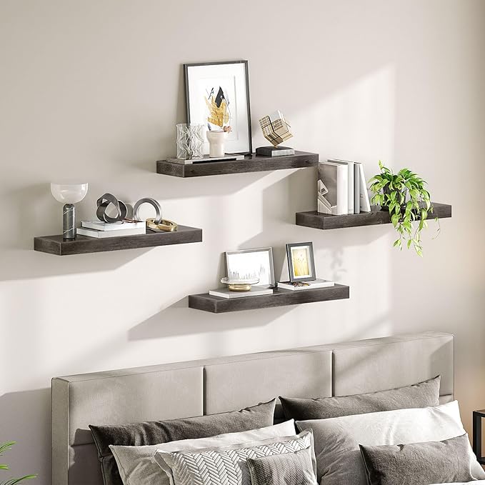 HOOBRO Floating Shelves for Wall, Wall Mounted Shelf Set of 2, 23.6" Hanging Shelf with Invisible Brackets, for Wall Decor Storage in Bathroom Bedroom Kitchen Livingroom Office, Charcoal Gray BC60BJ01