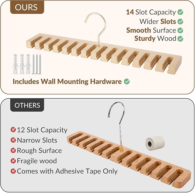 ZEDODIER Belt Hanger for Closet, Sturdy Wood Belt Rack for Men and Women, 14 Storage Capacity, Space Saving Hanging Belt Holder for Closet Organizers and Storage, Natural