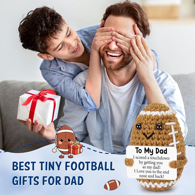 Dad Gifts from Son Daughter Wife, Positive Handmade Crochet Father's Day Birthday Gift, Funny Cute Small Gifts for Dads, I Love You Papa Valentines Day Gift Idea, Unique Football Doll for Step-Dad