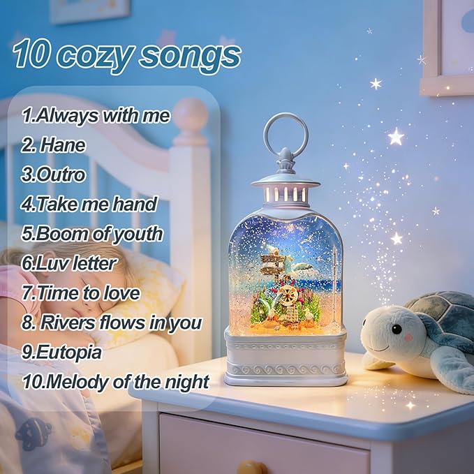 Nautical Theme Snow Globe Lantern with Music - USB or Battery Powered Light Up Water Lantern with Seagull - Swirling Glitter Water Globe for Summer Costal Ocean Decor - Gift for Ocean Lover (Seagull)