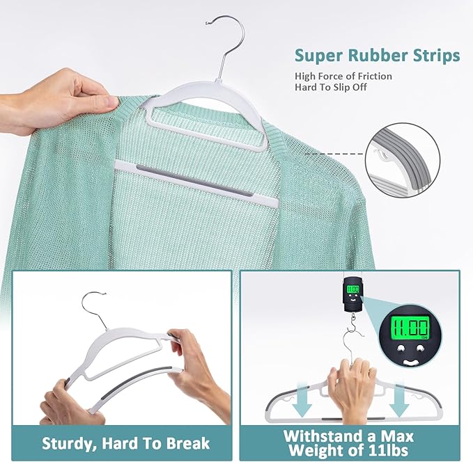 50-Pack Coat Hangers, Space Saving Plastic Clothes Hangers, Non-Slip, 0.2 Inches Slim, 16.53 Inches Wide, 360° Swivel Silver Hook for Shirts, Pants & Wet/Dry Garments, White and Dark Gray